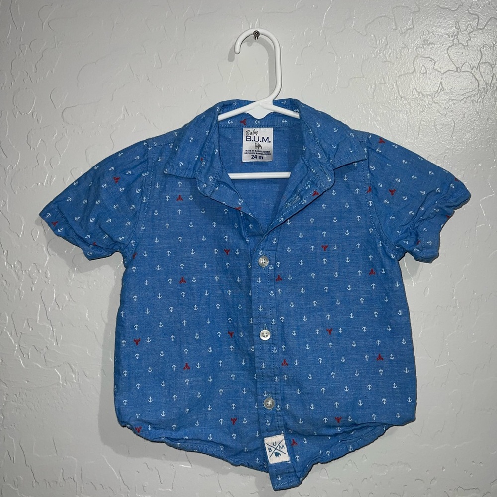 Blue Button Down Boys Shirt Anchor Short Sleeve Blue Size 24 Months
